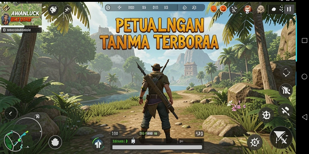 Screenshot gameplay AWANLUCK yang menampilkan petualangan di dunia terbuka.