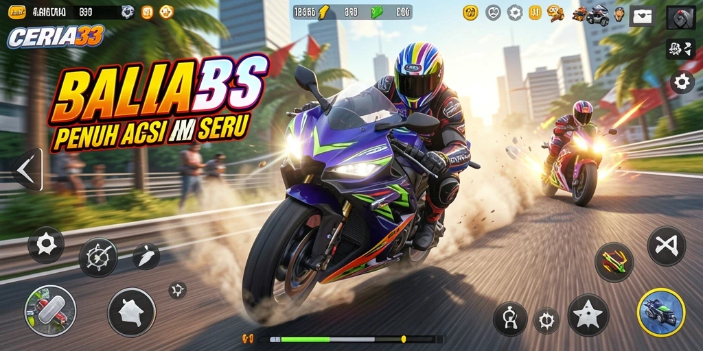 Gameplay seru CERIA33 dengan balapan motor yang mendebarkan.