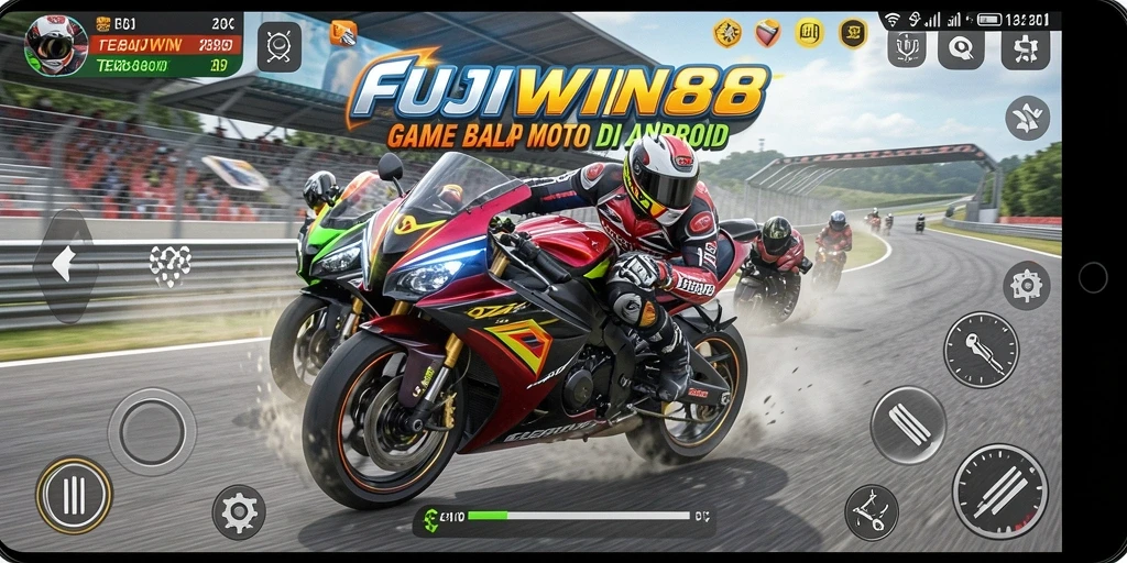 Screenshot gameplay FUJIWIN88 menampilkan aksi balap motor yang menegangkan.