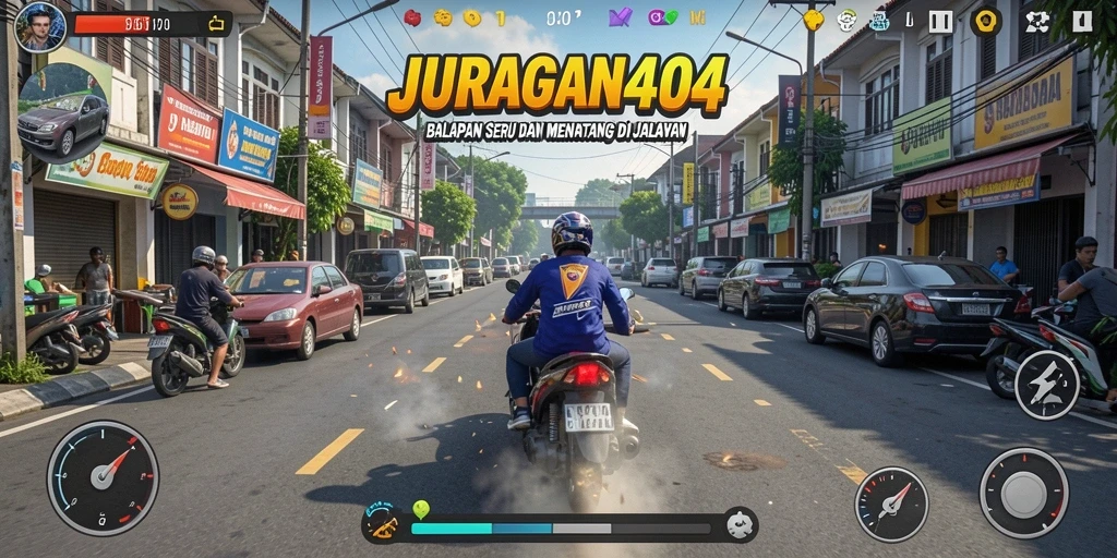 Tangkapan layar gameplay JURAGAN404 dengan mobil balap beraksi.