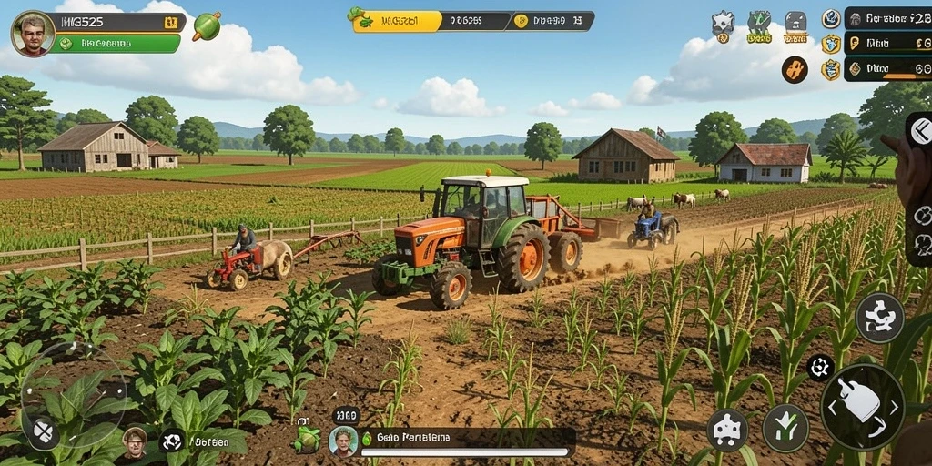 Tampilan gameplay MG525 dengan aktivitas pertanian yang menarik.