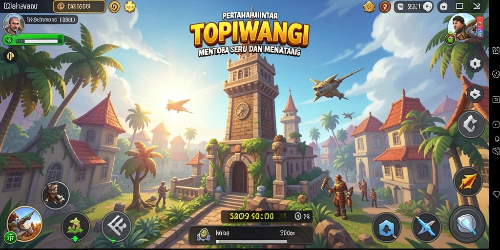 Screenshot gameplay menunjukkan menara pertahanan yang sedang menyerang musuh.